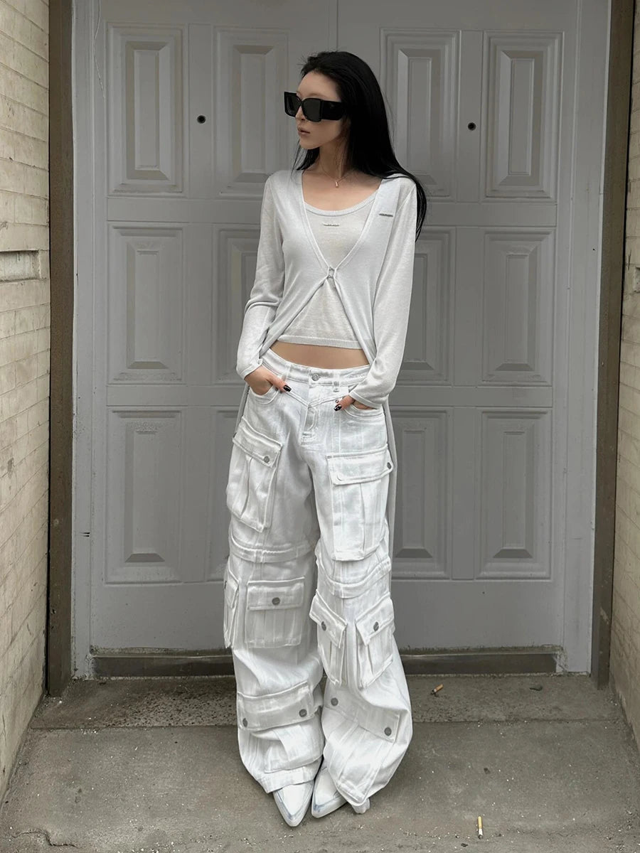 Pantalón Cargo Multibolsillos Techwear Blanco