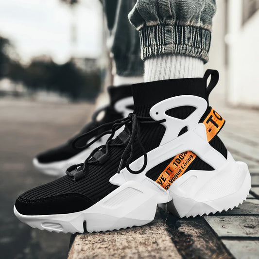 Deportivas Techwear Negras De Solapa Blanca Con Plataforma