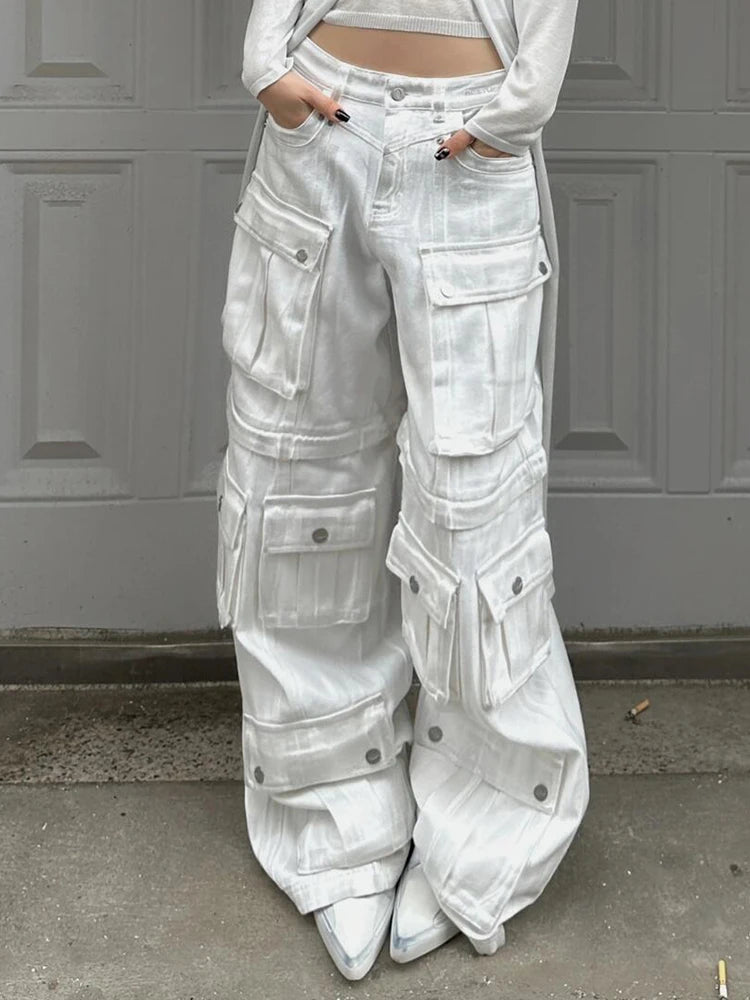 Pantalón Cargo Multibolsillos Techwear Blanco