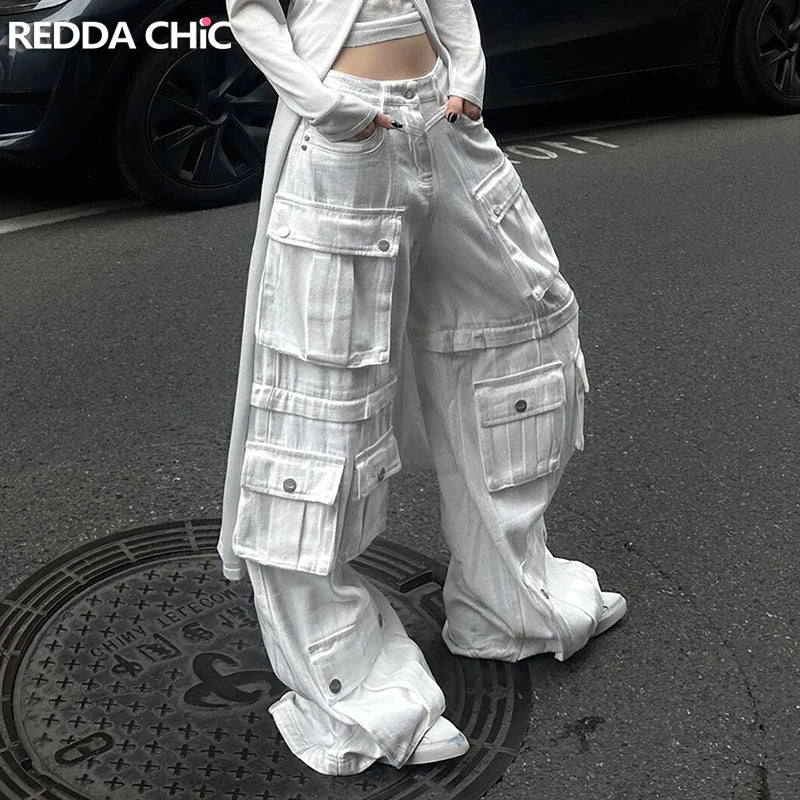 Pantalón Cargo Multibolsillos Techwear Blanco